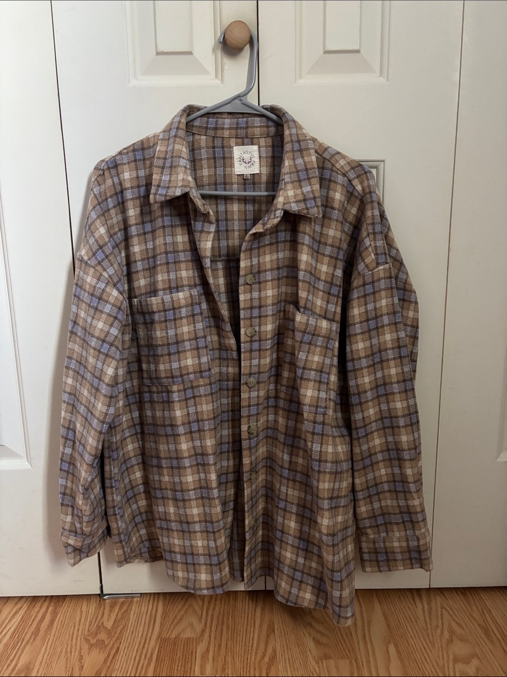 Plaid Button-Up Shirt Jacket in Beige and Brown